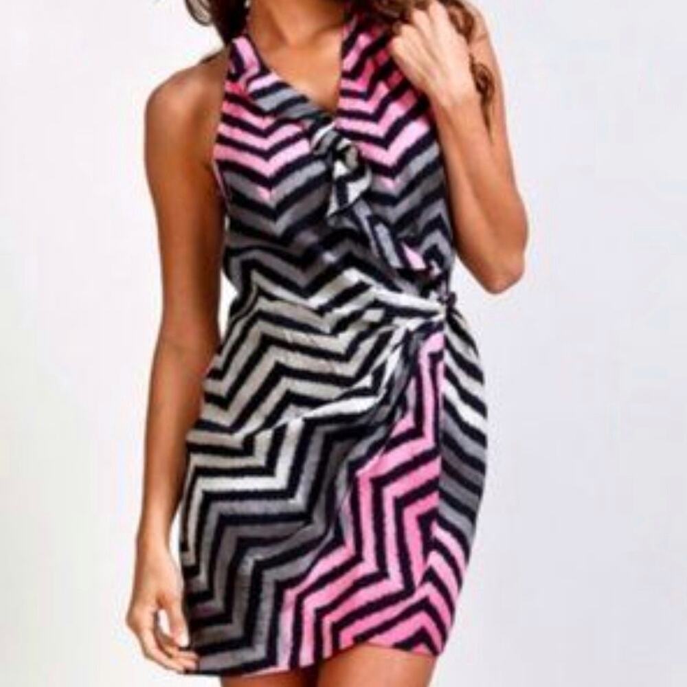 Parker Silk Black Pink Gray Ruffle Sleeveless Wrap Dress Size S Small